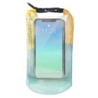 A smartphone encased in a transparent waterproof bag with a yellow top and black buckle. The phone screen displays the time as 11:28. The bag is partially filled with water, showcasing its protective function.