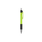 A green and black retractable ballpoint pen with a clip, centered on a white background.