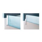 Two close-up images of a blue plastic drawer, showing different angle views. The left image highlights the corner and side edge, while the right image focuses on the front panel and edge detail. Both images emphasize the drawers design and color.