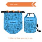 Two blue waterproof bags featuring black graphics and text, including DO LESS. SHINE MORE. One bag is shown unfolded, and the other is rolled and buckled. An orange arrow at the top says Easy to use with instructions to fold or roll when not in use.