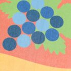Colorful abstract illustration featuring a cluster of blue circles resembling grapes, set against a vibrant background of green leaves, and orange and red shapes, possibly representing a stylized fruit composition.