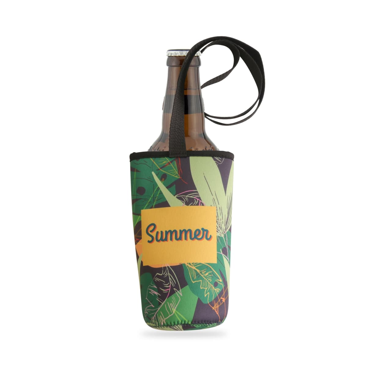 A glass bottle in a colorful sleeve with green leaves and a yellow rectangle. The word Summer is printed on the rectangle. The sleeve has a black strap attached at the top.