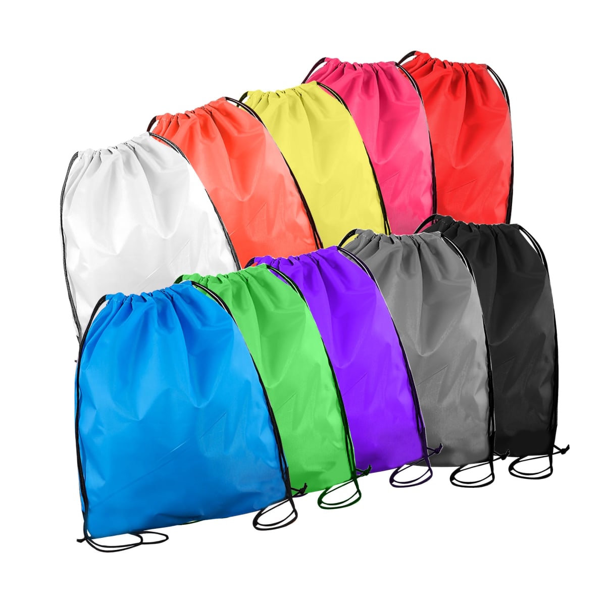 Nine drawstring backpacks in various colors (white, pink, yellow, red, blue, green, purple, gray, and black) are arranged in a three by three grid, each partially overlapping the one behind it, on a white background.