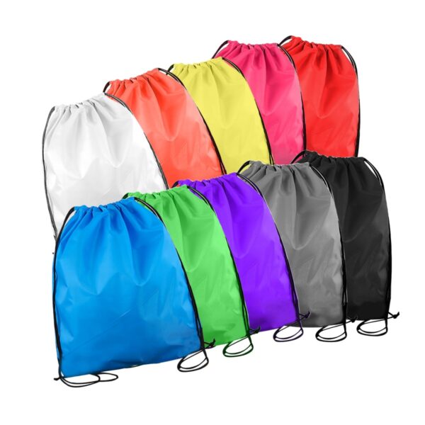 Nine colorful drawstring bags arranged in rows. Top row: white, yellow, pink, red, orange. Bottom row: blue, green, purple, black. Each bag has black drawstrings and is shown from the front.