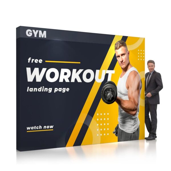 A man in a suit poses next to a large display banner. The banner features a muscular man in a white tank top holding a dumbbell. The text reads GYM, free WORKOUT landing page, and watch now. The design uses black, yellow, and white colors.