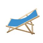 A wooden deck chair with a blue fabric seat is folded and positioned at an angle against a white background. The chairs simple design highlights its natural wood frame and bright blue material.