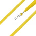 A close-up of a bright yellow lanyard with a metal clip, set against a white background. The fabric is textured, and the metal clip is attached to a loop at the end of the lanyard.