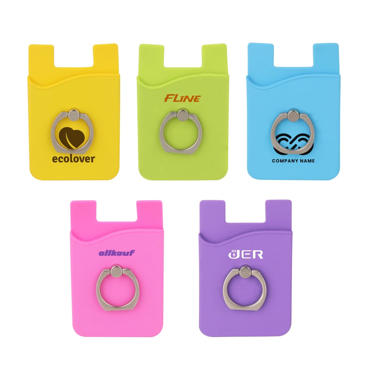 Five colorful adhesive phone wallets with metal rings are arranged in a grid. The colors are yellow, green, blue, pink, and purple, each featuring different logos and text.