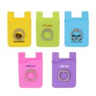 Five colorful phone wallets with ring holders. Colors are yellow, green, blue, pink, and purple, each with different logos and text. The wallets have a rectangular shape with a slot for cards.