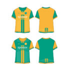 Illustration of four soccer jerseys. Two are front views and two are back views. The jerseys are yellow with green stripes on the front and back, featuring a Sponsor label. Sleeves are green on some and yellow on others, with various stripe patterns.