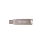 A USB flash drive with a silver casing, featuring a looping logo and the text Company Name tagline in white. The drive has a rectangular USB connector on one end and a circular loop on the other.