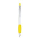 A retractable ballpoint pen with a silver body and a bright yellow grip. The pen is shown vertically with the tip pointing downwards.