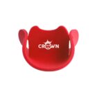 Red pacifier holder with CROWN logo printed on the front.
