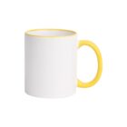 A white mug with a yellow rim and handle, placed on a plain white background.