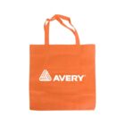 Orange tote bag with handles, featuring a white triangular logo and the word Avery in bold letters.
