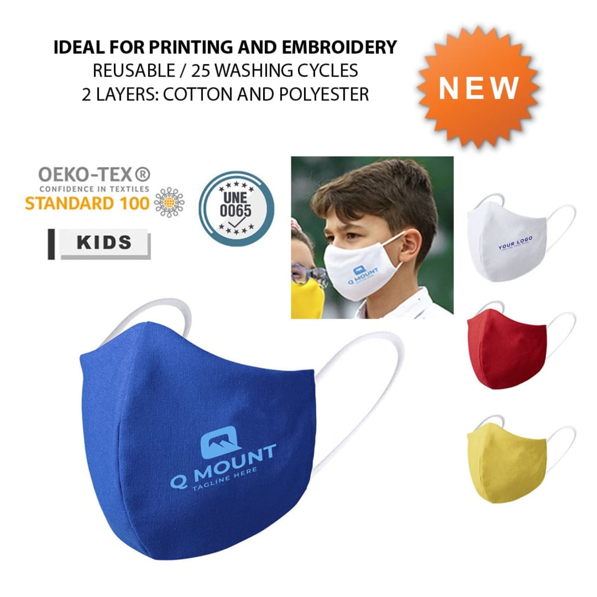 Promotional image of reusable face masks for kids, featuring various colors and a branding logo. Masks have two layers: cotton and polyester. Includes a photo of a person wearing a mask and emphasizes 25 wash cycles. OEKO-TEX certified.