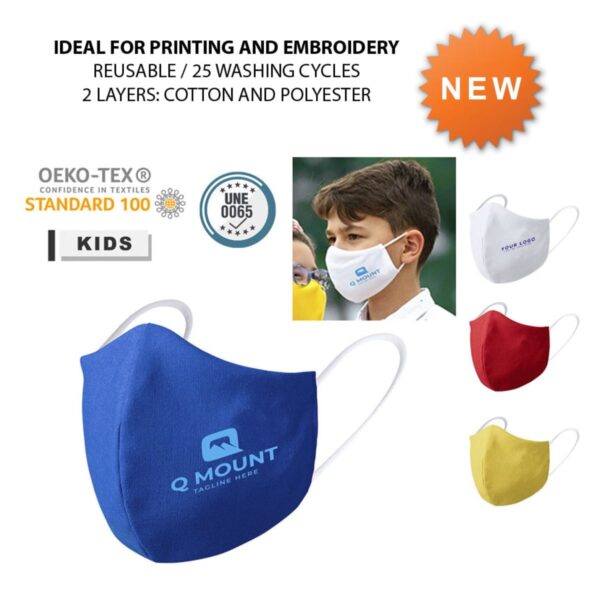 Promotional image for reusable face masks showing a child wearing a white mask. Masks are ideal for printing and embroidery, made from cotton and polyester, and available in blue, red, white, and yellow. Suitable for kids, certified OEKO-TEX.