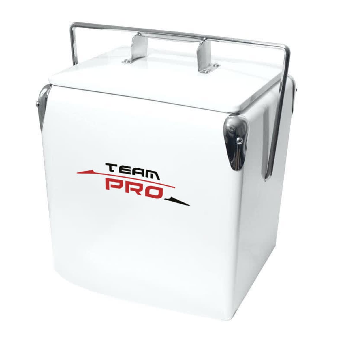 White Team Pro cooler with a metal handle and red lettering, featuring a retro design. The cooler has a sturdy build with chrome accents on the corners and lid.