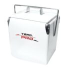 White cooler with metal handles and latches, featuring the words TEAM PRO in black and red letters on the front.