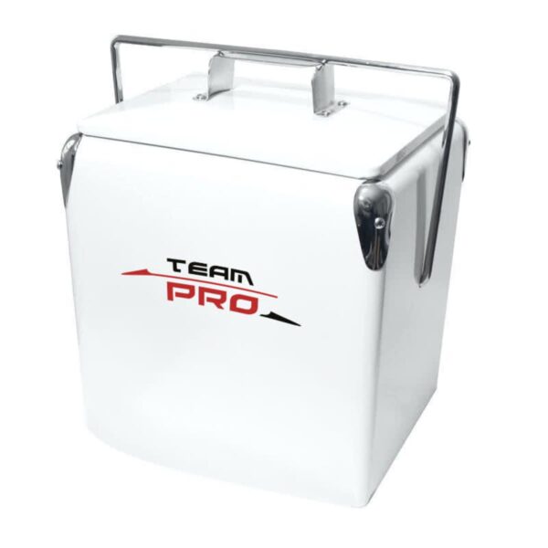 White cooler with metal handles and latches, featuring the words TEAM PRO in black and red letters on the front.