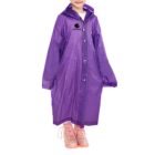 Child wearing oversized purple raincoat and pink boots, with logo on the coat.