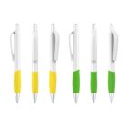 Six pens arranged in a row, alternating between yellow and green barrels with white clips and grip sections. The pens feature silver click tops and tips.