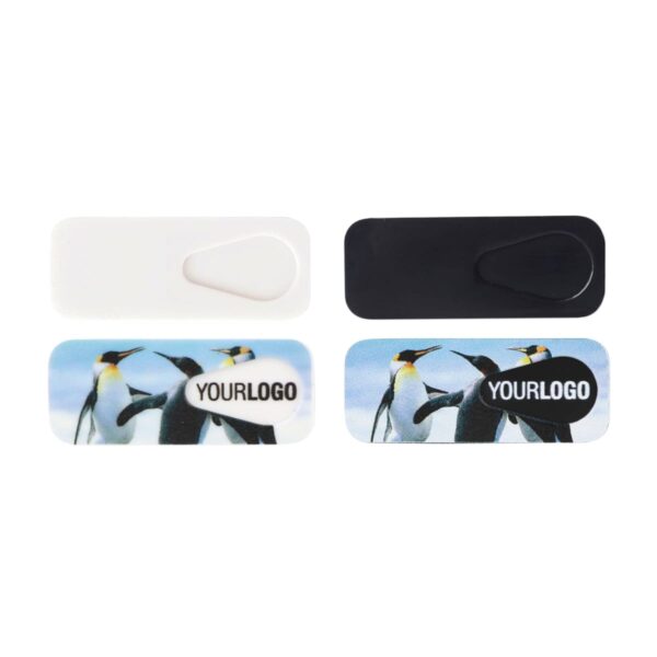 Four webcam covers are shown: two plain (one white, one black) and two with images of penguins and the text YOUR LOGO.