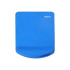 A blue mouse pad with an ergonomic wrist rest at the bottom. The mouse pad has a logo in the top right corner. The wrist rest is slightly raised to provide support for comfortable computer use.