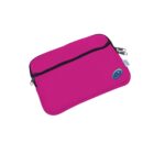 A bright pink laptop sleeve with a black zipper and a small blue circular logo in the corner. It features two zipper pulls for easy access.