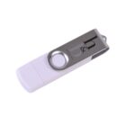 A white USB flash drive with a silver metal swivel cover that has h & b fashion printed on it.