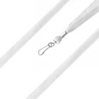 Close-up image of a white lanyard with a metal hook. The lanyard appears to be made of a woven fabric material and is shown with a simple clasp for attaching items.