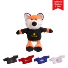 Stuffed fox toy wearing a black t-shirt with a logo. Below are five optional custom t-shirt designs in various colors: black, red, blue, and white, each featuring different logos or designs. A red triangle in the top right corner says Optional Custom T Shirt.