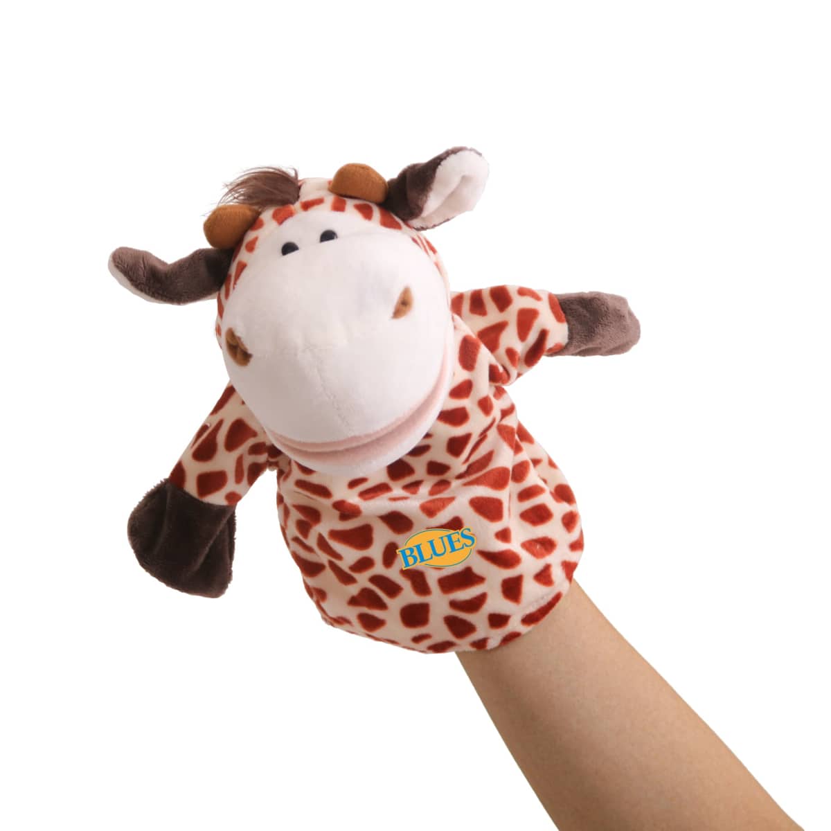 A hand puppet shaped like a smiling giraffe with a white face and orange-brown spots. The puppet has small horns, ears, and a tuft of hair on its head. The word BLUES is printed on its chest.