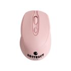 Pink wireless computer mouse with Abstract logo on a white background.