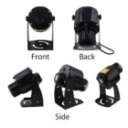 Five images of a black LED stage light fixture shown from various angles: front, back, and side. The fixture has a cylindrical body with a lens on the front, cooling fins on the back, and is mounted on a metal bracket.