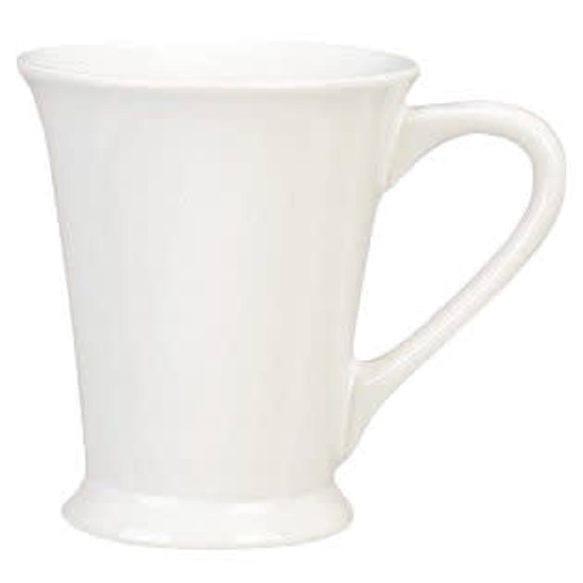 A white ceramic mug with a flared top and a curved handle, set against a plain white background.