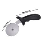 A silver pizza cutter with a circular blade and a black ergonomic handle. The blade is labeled Knife: 10cm, and the handle is labeled Handle: 12cm. The cutter is set against a plain white background.