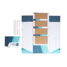 Flat-lay of a disassembled display stand with teal and white panels, four unfolded shelves, and a sign with Business Logo BC. Four metal rods are included, all set against a white background.