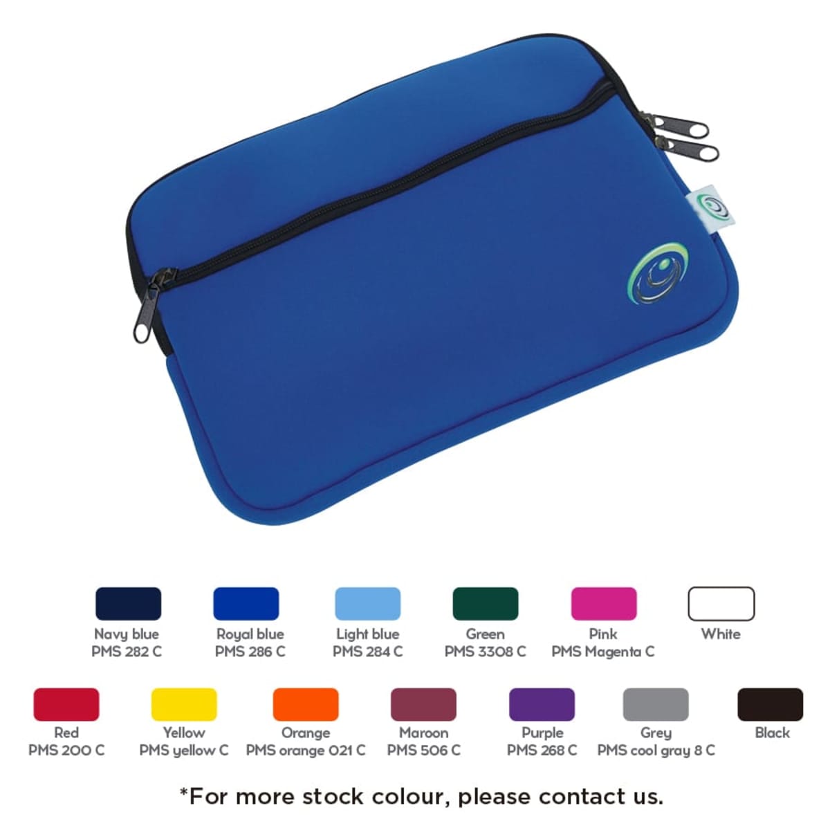 A blue zippered pouch is displayed above a selection of different color swatches, including red, yellow, navy blue, royal blue, light blue, green, pink, white, orange, maroon, purple, and black, with PMS color codes listed below.