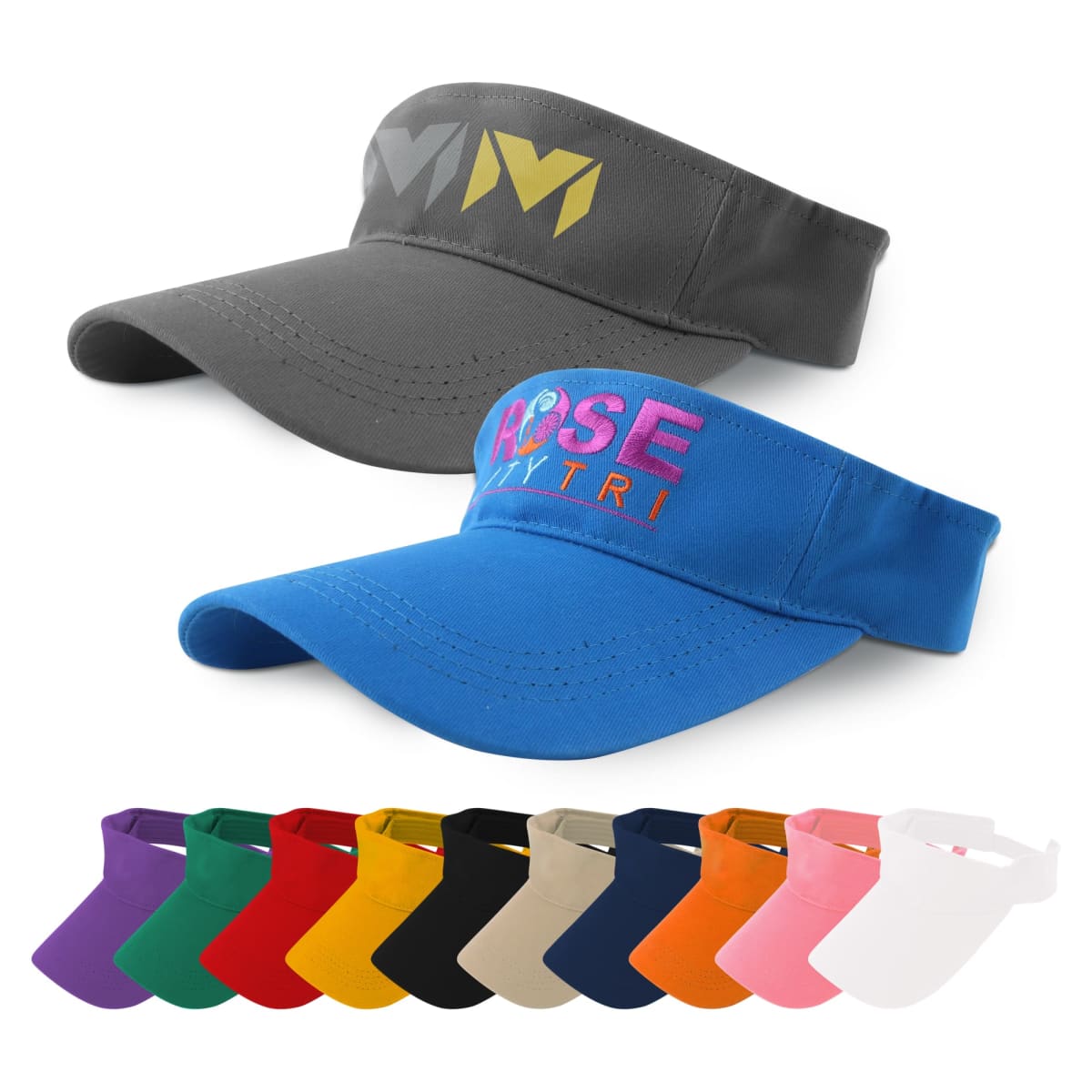Two visors on top, ten visors below in various colors.