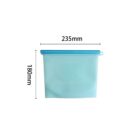 A light blue silicone storage bag is displayed against a white background. The bag is shown with dimensions, measuring 235mm in width and 180mm in height.