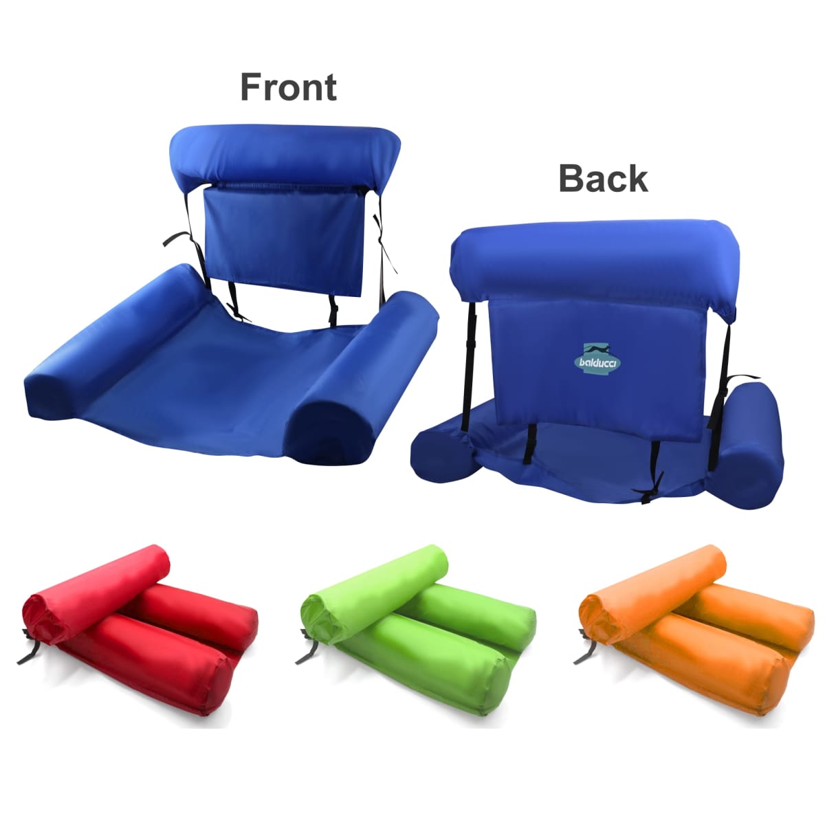 Set of blue, red, green, and orange inflatable loungers with a backrest and armrests. The design features a roll-up mechanism for portability. The blue one is shown from front and back angles.