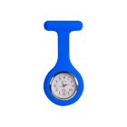 A blue silicone fob watch with a round white dial displaying black numerals and red minute markings. The watch hands point to approximately 10:10. The cover has a pin for attachment. The design is simple and modern.