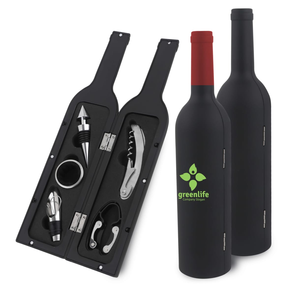 Black bottle-shaped wine accessory set with tools inside, including a corkscrew, stopper, and foil cutter. Two closed bottles shown beside it. Greenlife logo with a green leaf design on the bottle.