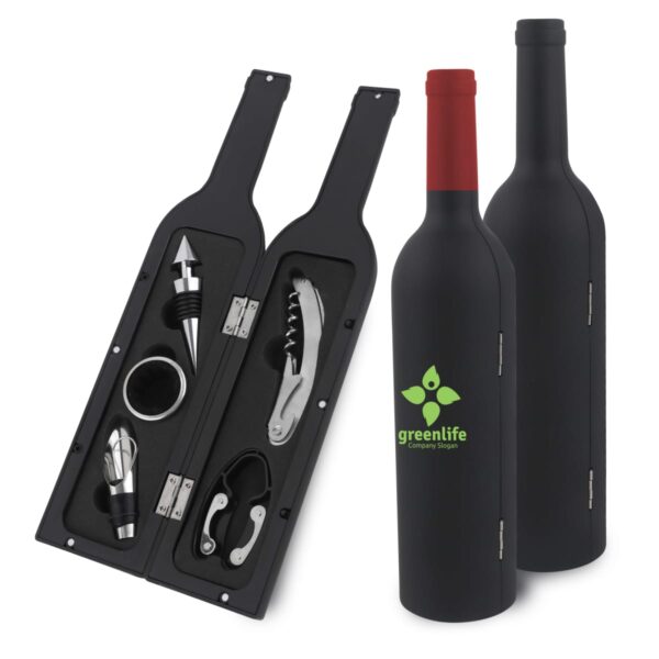 A wine accessory set in a bottle-shaped case, opened to show tools like a corkscrew, stopper, pourer, and foil cutter. Next to it, two closed black cases resembling wine bottles, one with a green logo.
