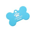 Blue, bone-shaped pet tag with a paw print and the words Company Name printed in white.