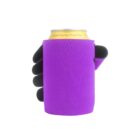A purple neoprene beverage holder is wrapped around a can of Crystal Spring Peach Tea. The holder is being gripped by a black gloved hand.