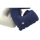 Two inflatable neck pillows, one gray and one dark blue, on a white background.