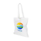White tote bag with Travel printed in blue, featuring a colorful logo above it. The logo consists of a sun and wave design in yellow, orange, green, and blue. The bag has long handles and is against a plain white background.