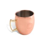A copper mug with a golden handle on a white background. It has a logo featuring a gear and the word COMPANY engraved on its side. The interior of the mug appears to be stainless steel.